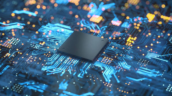Processor chip surrounded by glowing blue circuits